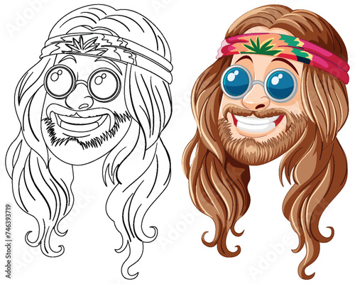 Colorful and line art hippie character with headband.