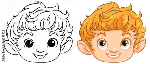 Black and white sketch and colored illustration of a boy.