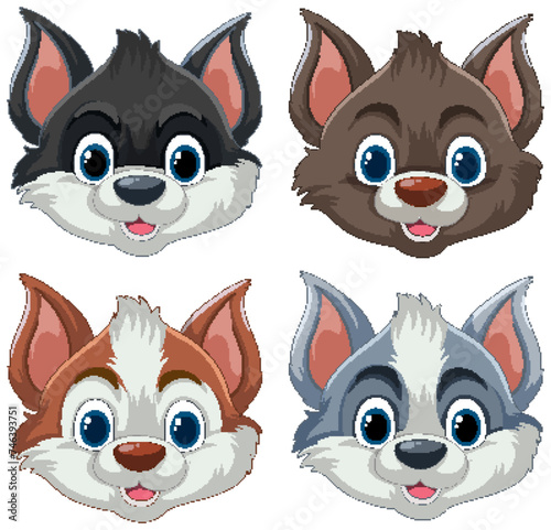 Four cute animated dog faces with different expressions.
