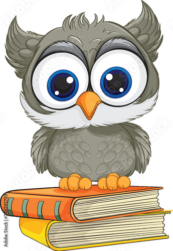 Cute cartoon owl sitting on colorful books illustration