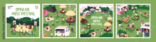 Advertisement posters of music festival set. Promo placards of concert, holiday event. People dance, have a picnic, camping in amusement park with attractions, food trucks. Flat vector illustrations