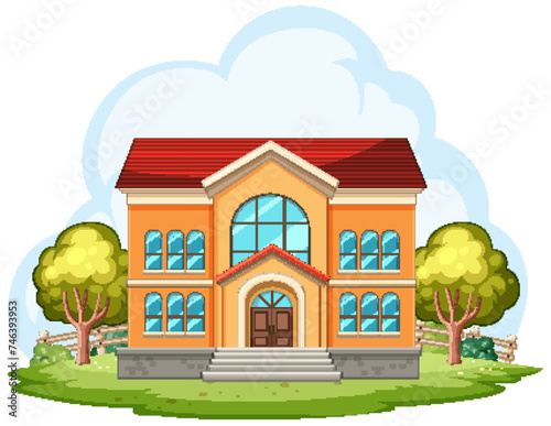 Vector illustration of a vibrant schoolhouse with trees