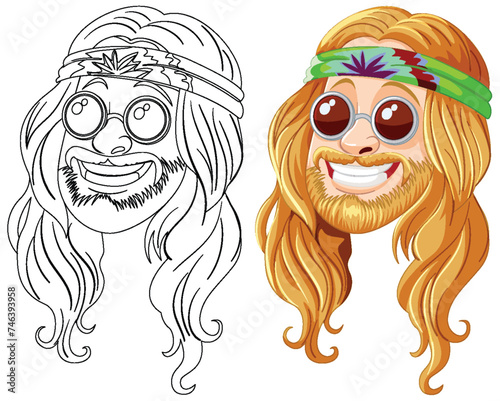 Colorful and line art hippie character with sunglasses.