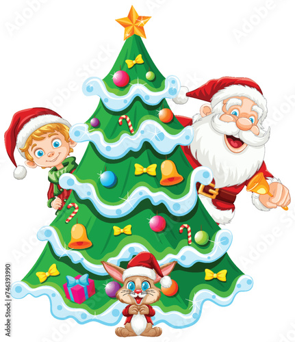 Cartoon Santa, elf, and reindeer by a decorated tree.