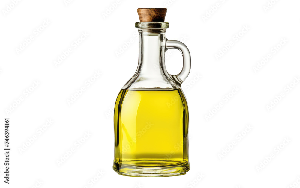 A clear glass bottle filled with olive oil. The bottle is sealed with a cork stopper and features a label with product information. on a White or Clear Surface PNG Transparent Background.
