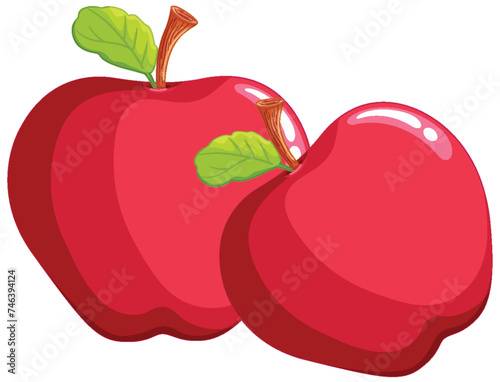 Two glossy red apples with green leaves