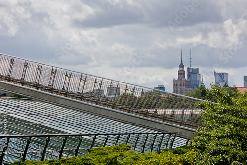  glass roof of the science library  with a view of the city  in Warsaw, Poland