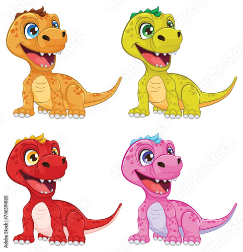 Four cheerful dinosaurs in vibrant colors smiling.