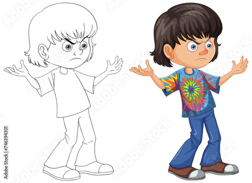 Cartoon boy with a puzzled expression in color and outline.