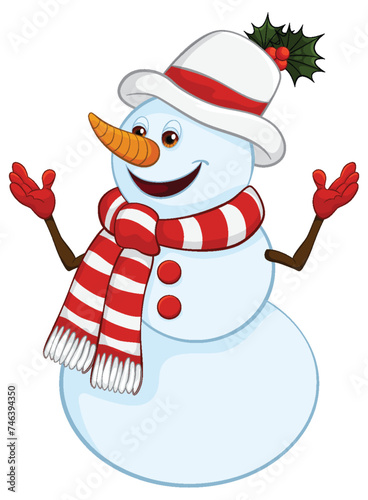 Smiling snowman with festive hat and scarf.