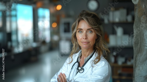 a woman 45 years is posing for a photo in a stethoscope and lab coat