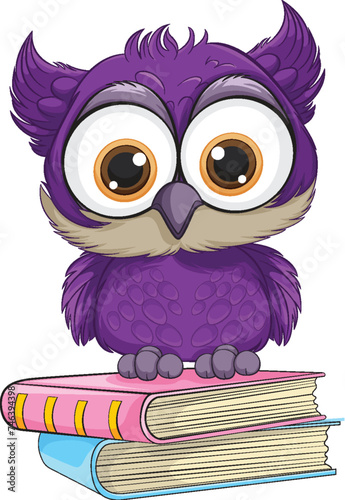 Cute purple owl sitting on colorful books