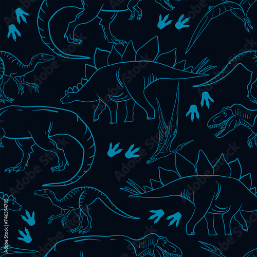 Seamless  silhouette  Dino pattern, print for T-shirts, textiles, wrapping paper, web. Original design with t-rex, dinosaur.  grunge design for boys and girls