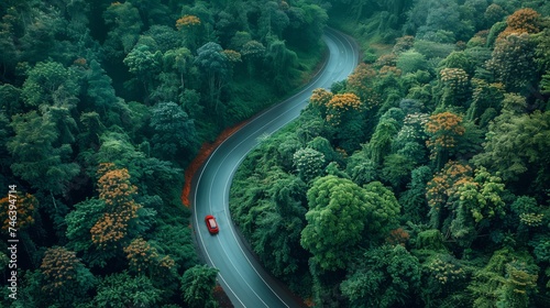 an aerial view of a curvy road cutting through a dense, green forest. There is a red car traveling along the road. The curvature of the road creates an S-shape © jp