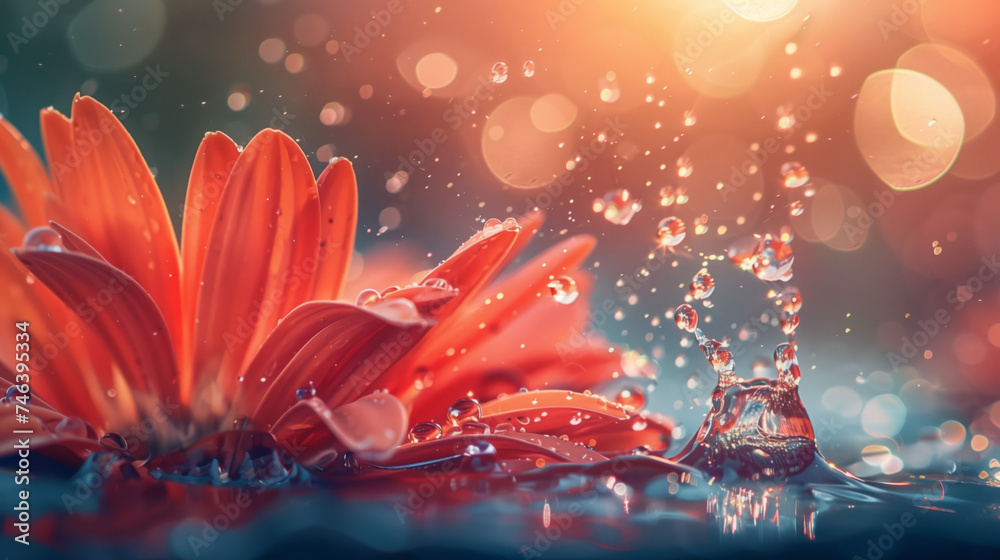 Beautiful close-up gerbera flower with water splashing against a bright sunlight background, rasa - obrazy, fototapety, plakaty 