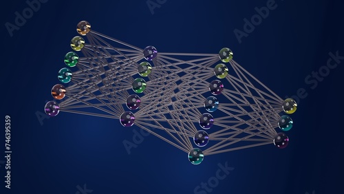 Neural Pathways: Spheres Representing Connected Neurons, 3D rendering, Artificial Neural Network Structure: Neurons and Connections