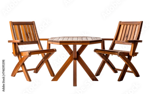 Table and Chairs Placement at Outdoor Patio. A wooden table and two chairs are positioned next to each other on an outdoor patio. on a White or Clear Surface PNG Transparent Background.