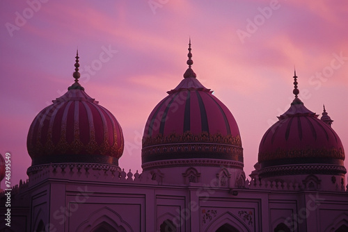 Pink domes at a mosque with sunshine of sunset, Eid al Adha,Eid Mubarak,Eid al fitr, Ramadan Kareem