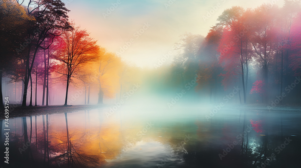 landscape morning in the autumn misty forest, the rays of sunlight at dawn shine through the fog in a panoramic view of the October park landscape morning in the autumn misty forest, the rays of sunlight at dawn shine through the fog in a panoramic view of the October park