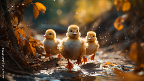 cute yellow ducklings in a group run towards the autumn yellow leaves in the fall of the sunny day of change photo
