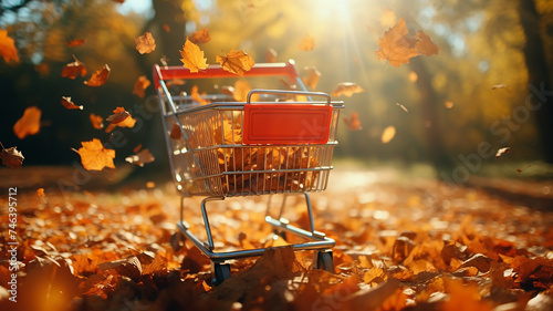 supermarket trolley in autumn park leaf fall discounts and sale