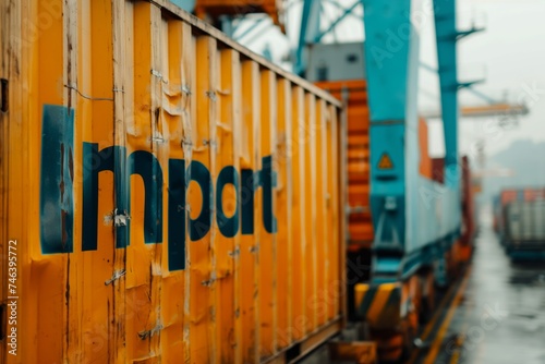 hipping container labeled Import, detailed texture, set in a dockyard photo