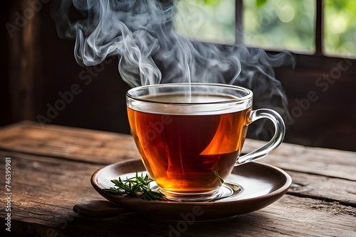 Steaming cup of Ceylon tea on a wooden table