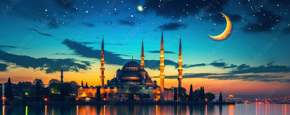 Modern design of mosque at night sky