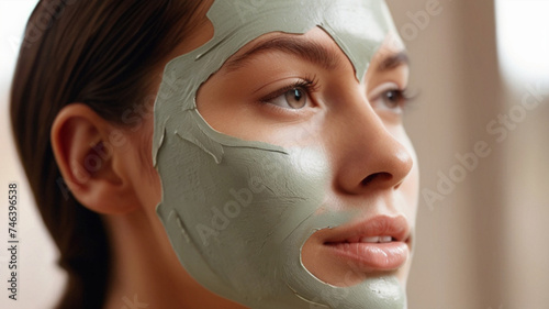Gorgeous young woman with skin care green mask on her face, for purifying the skin and tightening the pores. Treats oily skin conditions and removes blackheads. photo
