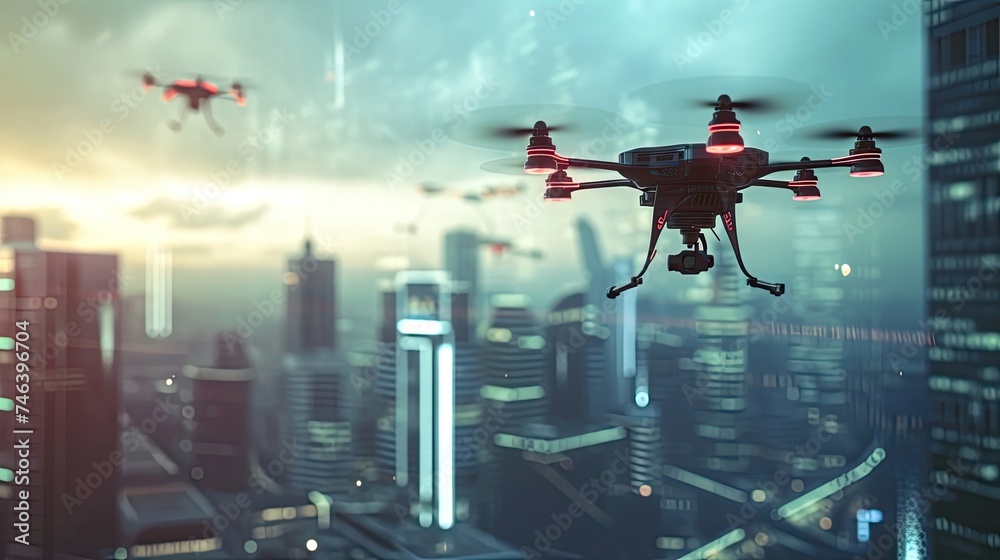 Drone flies over the city in cyberpunk style icon. Antidesign, information collection, surveillance, propellers, quadcopter, fog, skyscrapers, technology, gadget, footage. Generated by AI Drone flies over the city in cyberpunk style icon. Antidesign, information collection, surveillance, propellers, quadcopter, fog, skyscrapers, technology, gadget, footage. Generated by AI