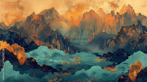 Chinese classical mural picture of thousands of rivers and mountains cloisonné background illustration 