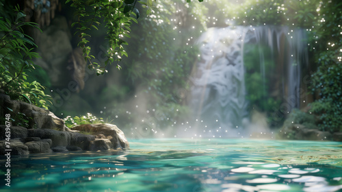 Beautiful waterfall with tropical plants and flowers with bright sunlight, a paradise place
