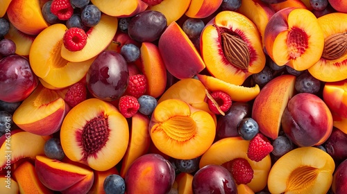 Peaches and berries icon. Juicy, ripe, succulent, fresh, summertime, fruit salad, healthy, organic, mix, variety, sliced, delicious. Generated by AI photo