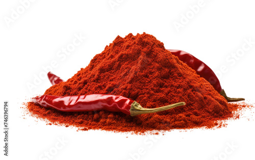 Pile of Red Chili Powder Next to a Chili Pepper. The pepper appears fresh and spicy, contrasting with the powdery texture of the chili powder. on a White or Clear Surface PNG Transparent Background.