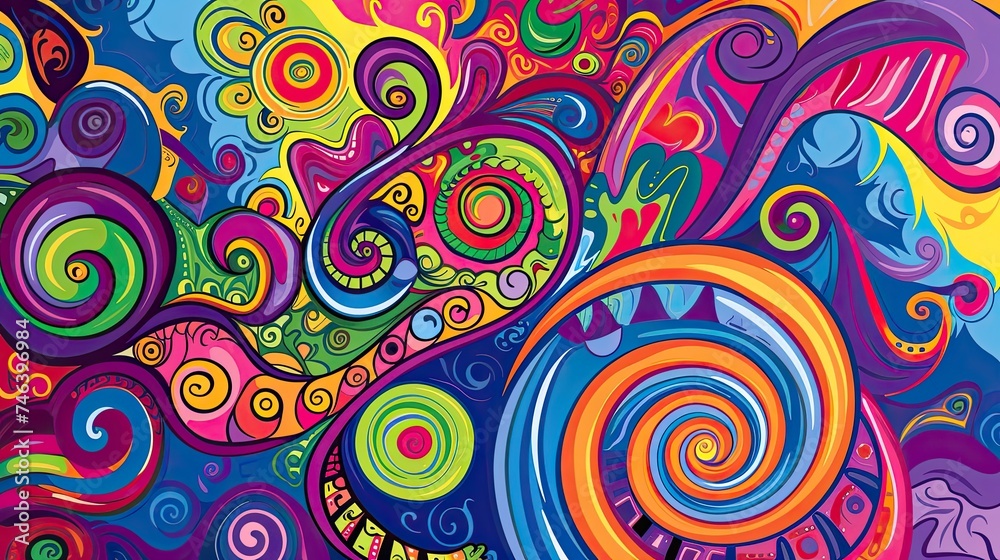 Abstract doodle spiral patterns. Energetic, dynamic, whimsical, playful, mesmerizing, psychedelic, artistic, modern, digital, fantasy. Generated by AI