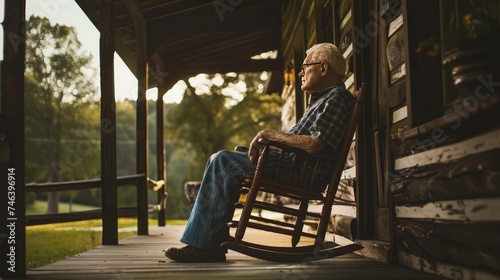 Grandfather sat in a rocking chair on the porch, AI generated Image
