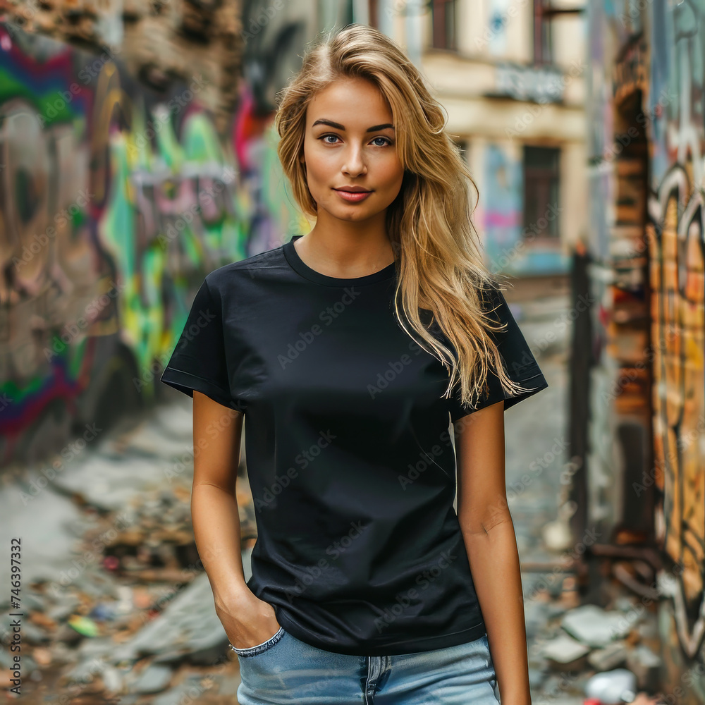 Urban Model.  Generated Image.  A digital rendering of a female model wearing a blank black t-shirt in an urban background.