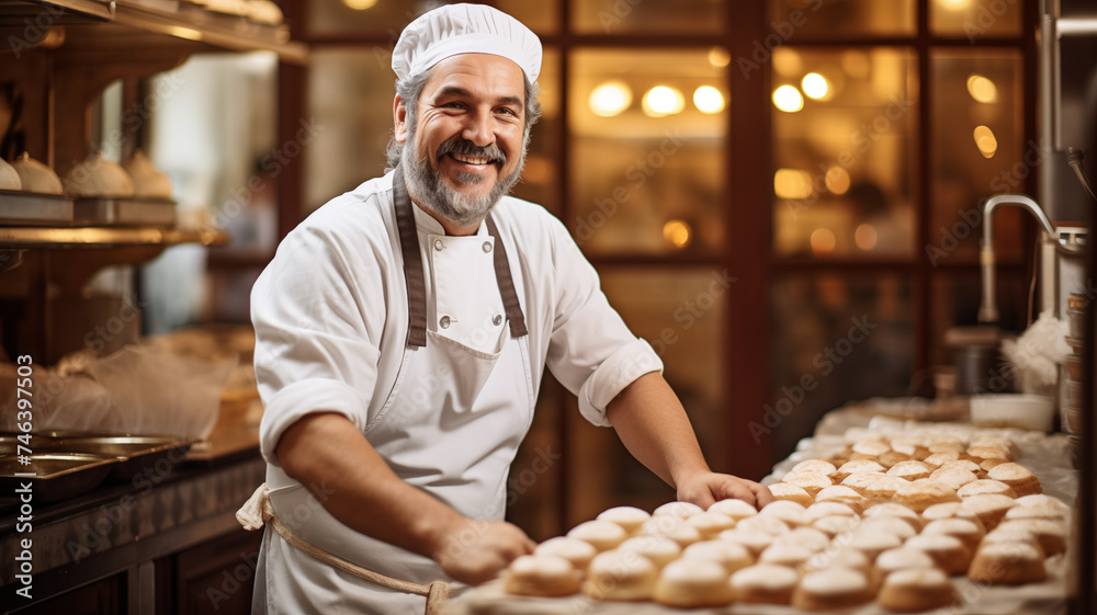 Senior man baker stands in his bakery and smiles at the camera. Confectioner 55-60 years old at work.