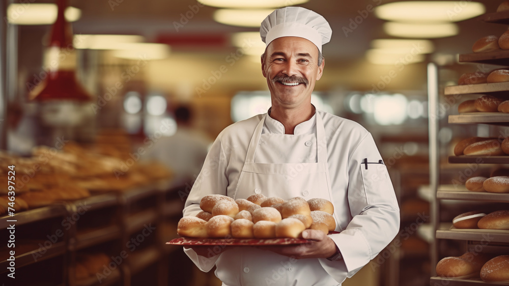 Senior man baker stands in his bakery and smiles at the camera. Confectioner 55-60 years old at work.