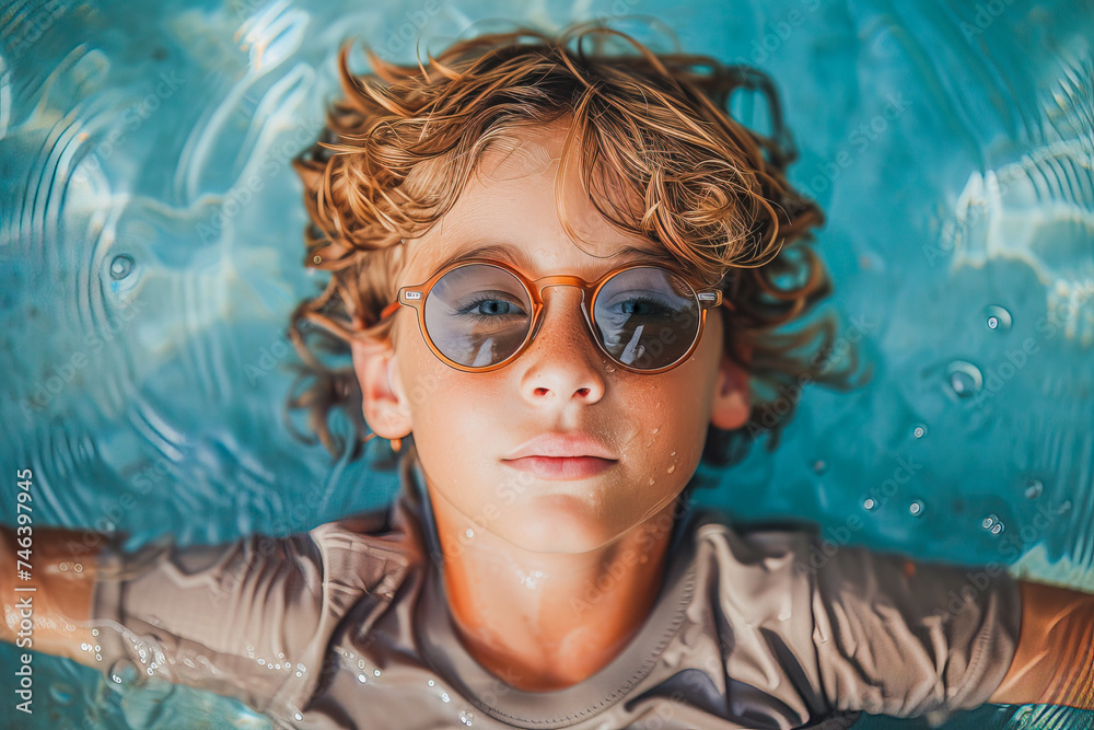 Top view of a cheerful curly-haired blond boy in a T-shirt and sunglasses lying in the pool with his hands behind his head. - obrazy, fototapety, plakaty 