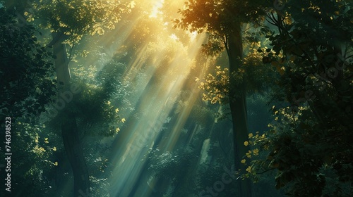 Abstract forest in sun rays icon. Nature's beauty, sunlight, trees, woods, golden rays, natural wonder, forest landscape. Generated by AI
