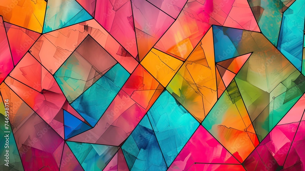 Abstract background from triangles. Simple figures, stained glass, mosaic, colorful, cubism, style, fine art, angle, leg, psychedelic, vintage. Generated by AI. Abstract background from triangles. Simple figures, stained glass, mosaic, colorful, cubism, style, fine art, angle, leg, psychedelic, vintage. Generated by AI.