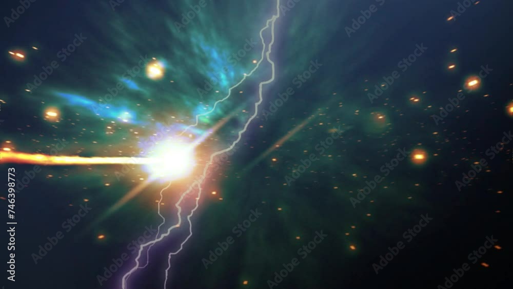 Observation of a meteor moving through space, Lightning strikes and destruction occurs in space Apocalypse and thunder 3D
