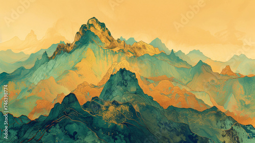 Chinese classical mural picture of thousands of rivers and mountains cloisonné background illustration
