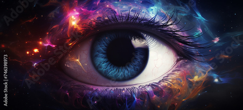 A large human eye in neon light, generative AI © Tetiana Romaniuk