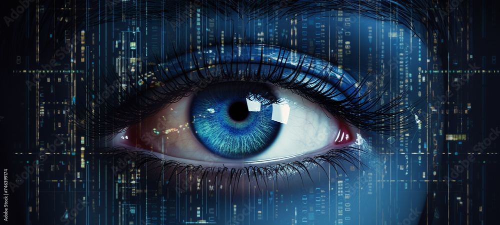 The human eye against the background of the program code, generative AI The human eye against the background of the program code, generative AI