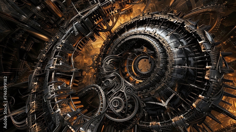 Abstract twisted metal and gears. Industrial, mechanical, machinery, engineering, complexity, manufacturing. Generated by AI.
