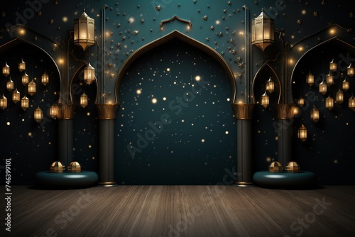 Ramadan Background mosque window with arabic arabesque ornamental pattern. Greeting card or wallpaper background. Generative AI