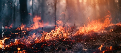 Destructive Wildfire Raging Through Dense Forest Trees at Night