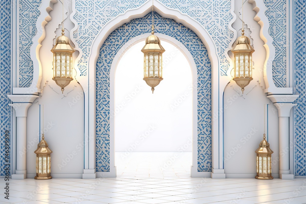Fototapeta premium Geometric traditional Islamic ornament. Ceramic mosaic. Abstract background. Generative AI